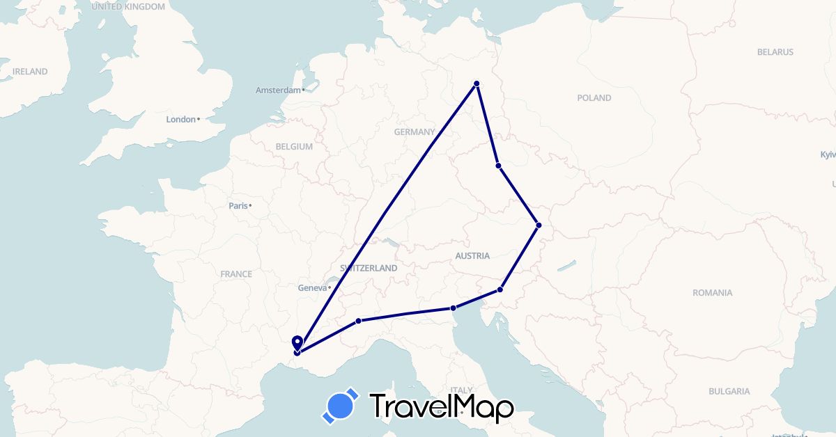TravelMap itinerary: driving in Austria, Czech Republic, Germany, France, Italy, Slovenia (Europe)